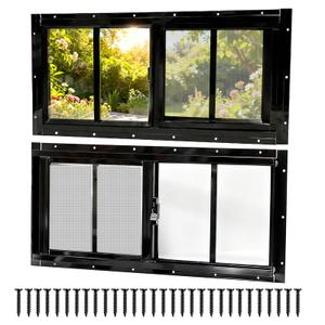 NeatiEase 2 Pack Sliding Windows, 10"x20" Shed Windows with Tempered Glass and Removable Fiberglass Screen for Chicken Coop, Shed, Basement, Playhouse, Household, Garage, Barns (Black)