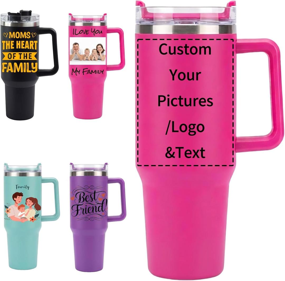 Personalized 40oz Tumbler with Handle and Straw - Custom Your Picture Name Logo Text on Insulated Stainless Steel Travel Cup, Leak-Proof 2-in-1 Lid, Gifts for Mom Dad Friends, Magenta