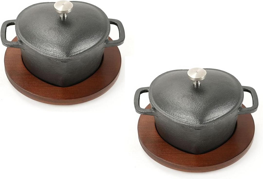 HAWOK Pre-seasoned Cast lron Mini Dutch Oven, 8.8oz. with Wooden Underliner, Heart Shaped, Set of 2, Black