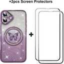BITOBE Designed for iPhone 16 Case, Cute Butterfly Slim Plating Glitter Rhinestones Cover X 2pcs Screen Protectors for Women Girls Protective Camera Protection Bumper 6.1" Purple