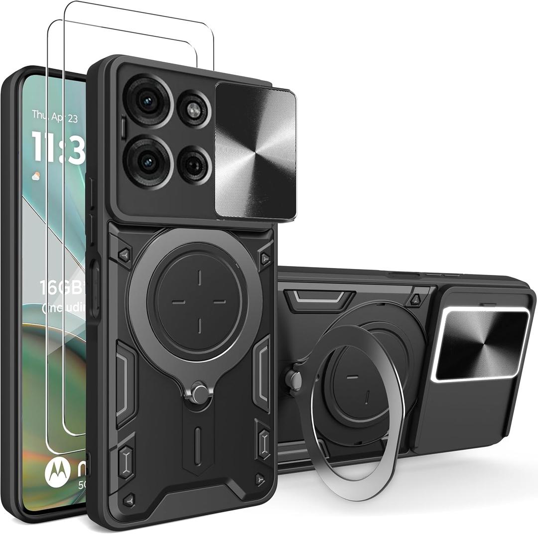 Phone Case for Motorola Moto G75 5G Case with Glass Screen Protector, [2 Pack] Built Slide Camera Protection Cover,Military Heavy Duty Full Body Protective Phone Case - Black
