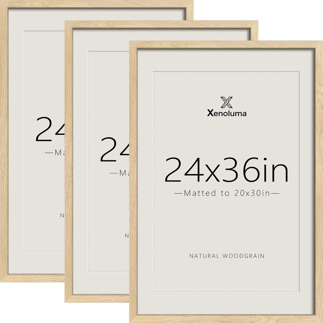 24x36 Poster Frames - 3 Pack, Natural Solid Wood Wide Border Picture Frame, Display 20x30 with Mat or 24 x 36 Without, Vertical & Horizontal Wall Mount
