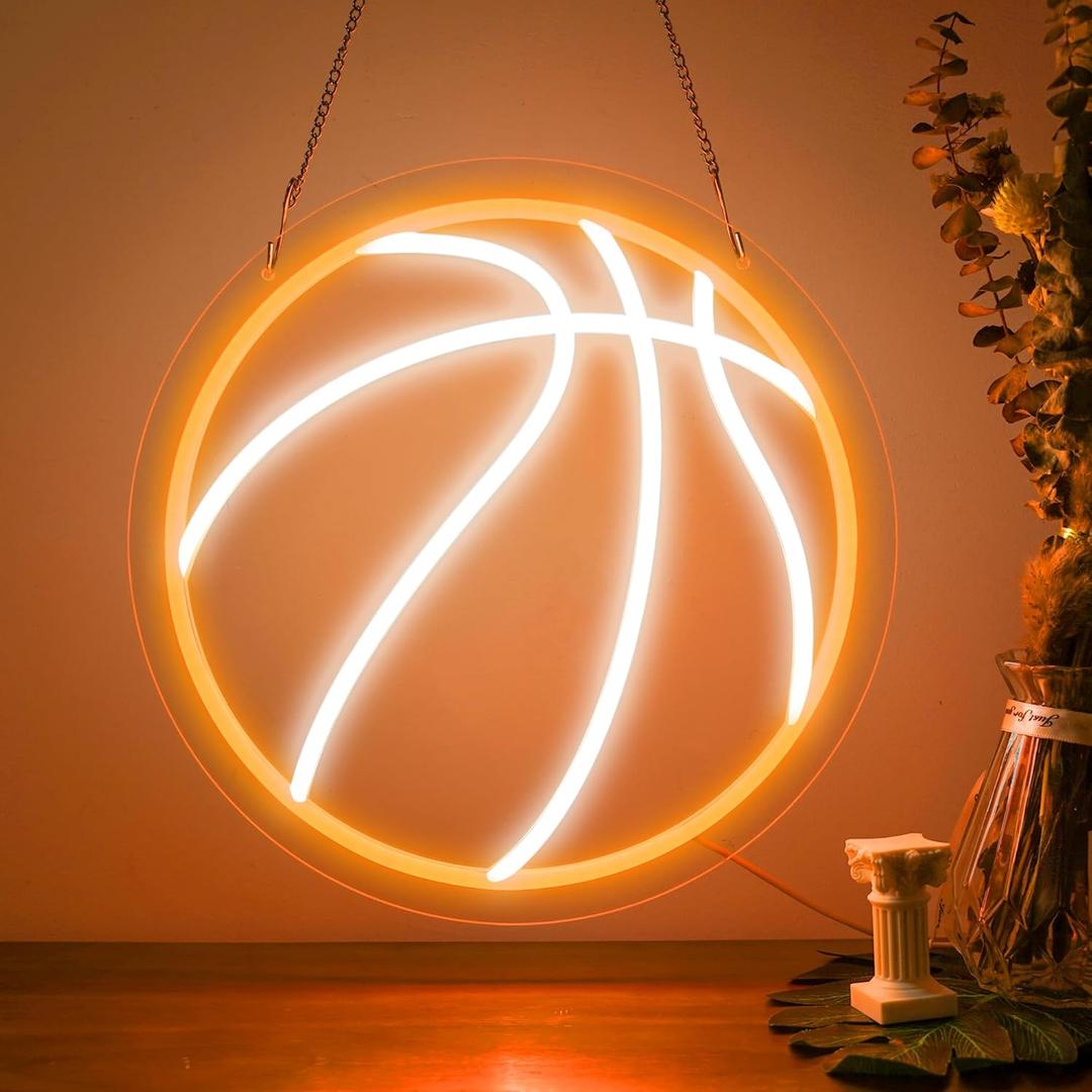 Basketball Neon Sign, Dimmable Basketball Light for Boys Room Decor, Powered by USB Neon Signs for Wall Decor, Sports Decorations for Boys Bedroom, Birthday Party, Home Decor, College Gifts (orange+white)