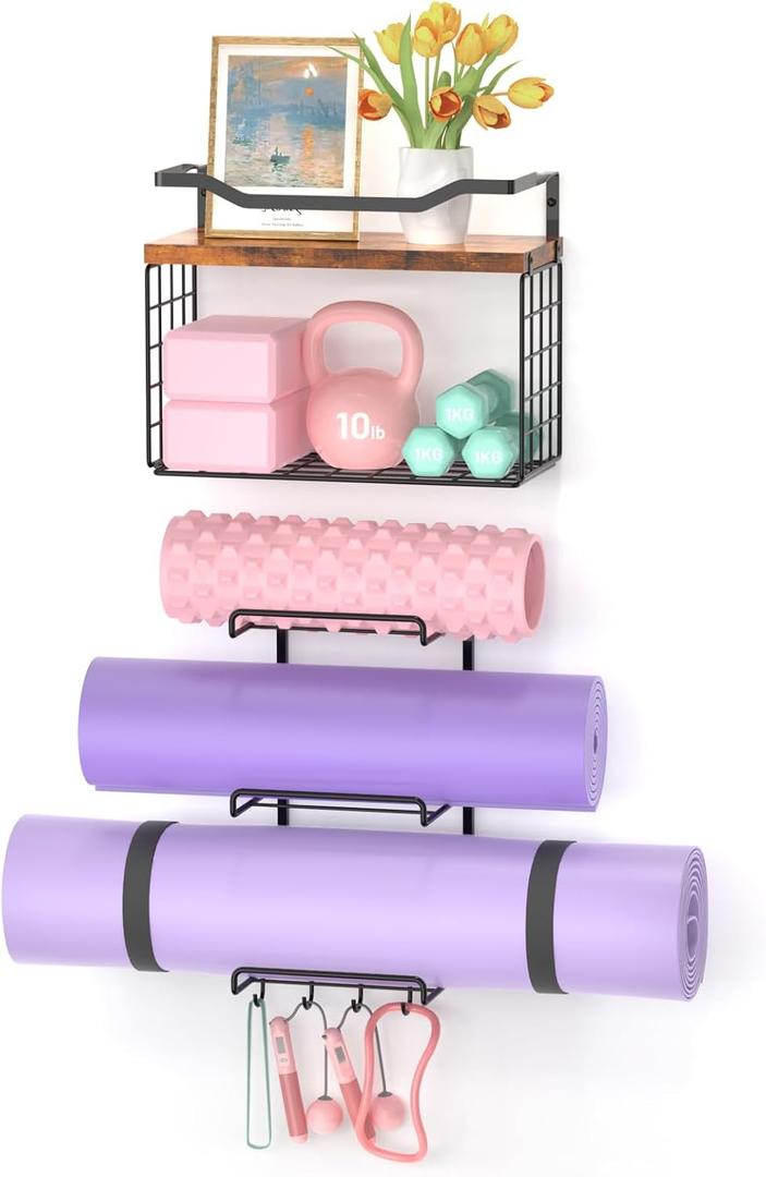 Yoga Mat Holder Wall Mount, Yoga Accessory Mats Storage Rack , Home Gym Accessories Organizer Storage With Wood Floating Shelves, Storage Basket and 4 Hook For Hanging Yoga Strap & Resistance Bands (Black)