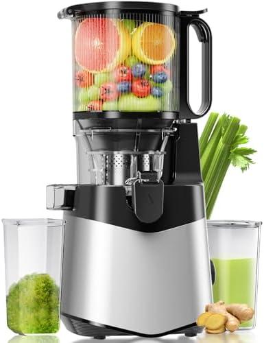 EanOruus Cold Press Juicer, 5.8" Wide Feed Chute Juice Extractor Machine with 400W, High Juice Yield, Slow Masticating Juicer for Whole Vegetables & Fruits, Silver Gray