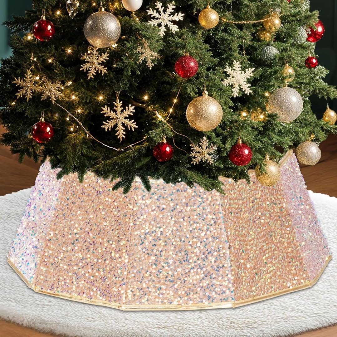 29 inch Decagonal Shape Christmas Tree Skirt - Sparkling Glitter Fabric, Foldable Design for Easy Setup & Storage for Christmas and Halloween Decoration Trees with a Height of Less Than 9 FT (Light Gold)