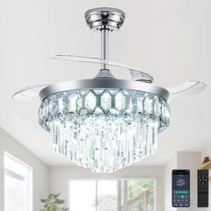 42'' Fandelier Ceiling Fan with Light, Chandelier Ceiling Fan with Lights Retractable Fan for Bedroom, Living Room, LED Dimmable, 3 Color, 6 Wind Speed-Chrome