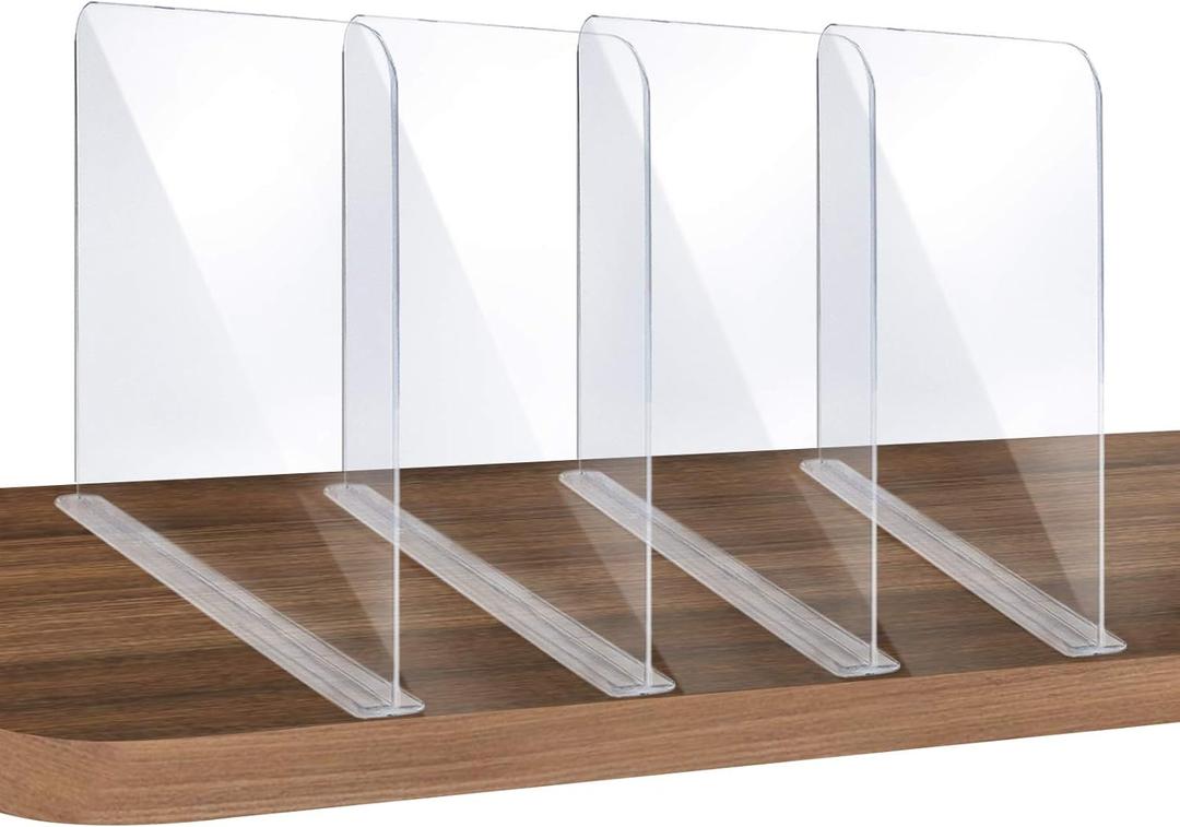 ROUFA 4Pcs Clear Acrylic Shelf Dividers, Adjustable Closet Organizer Fit for Any Thickness of Shelves, Multi-Purpose Wood Shelf Separators for Bedroom, Kitchen, Office, Bathroom, 11.8''x11''