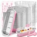 LOKQING 100 Pack Mini Loaf Pans with Lids Rectangle Individual Cake Pans Aluminum Foil Pans for Large Gatherings Picnics Vacations Parties(Pink, 6.8 OZ)