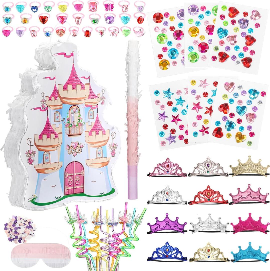 Syhood 70 Pcs Castle Princess Party Decorations Set Princess Castle Piata Tiaras Crown Blindfold Mask Gem Stickers Gem Rings and Straws for Theme Birthday Party Supplies Decor