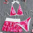 Floerns Women's 3 Piece Bikini Sets Boho Floral Print Halter Swimsuit Layered Ruffle Bathing Suit (Pink, M)