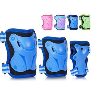 FIODAY Knee Pads for Kids Knee Elbow Pads Wrist Guard Protective Gear Set with Drawstring Bag Adjustable Kids Knee Pads for 3-8-12 Years Girls Boys Biking Scooter Skateboard, Blue, 3-8 Years Old