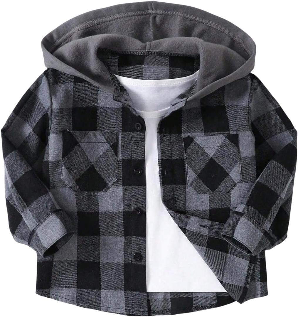 GORGLITTER Boy's Plaid Flannel Button Down Halloween Shirts Fall Long Sleeve Hooded Blouse Dressy Outfits Clothing, Size 6Y (Gray)