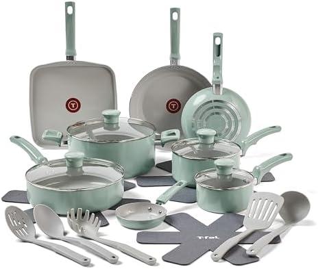 T-Fal Refresh Ceramic Nonstick Cookware Set, 20-Piece, Oven Safe to 350°F, Stockpot, Ceramic Pots and Pans Set, Frying Pans, Griddle, Utensils, Mint Green
