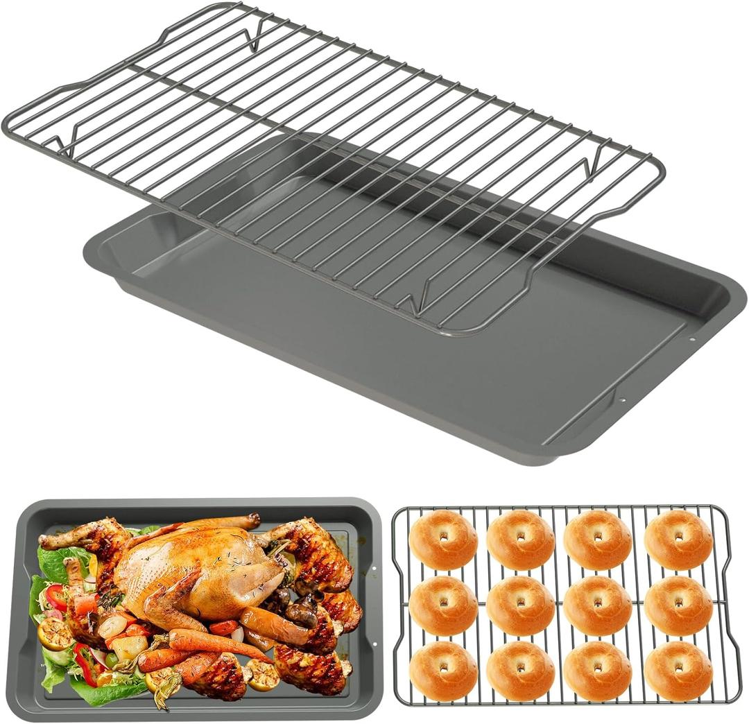Premium Cookware Set for Ninja Foodi Neverstick Pan, Non-Stick Baking Sheet Set with Rack for Bacon/Pizza, Oven Safe up to 500F, w/ 12 x 19" Baking Pan & 11 x 17.4" Wire Rack, Dishwasher Safe (Black-Large)