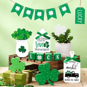 Spiareal 15 Pcs St. Patrick's Day Tiered Tray Decor Set Luck Shamrock Wooden Signs Irish Decor Saint Patty's Day Table Decoration for Home Tabletop Shelf Party