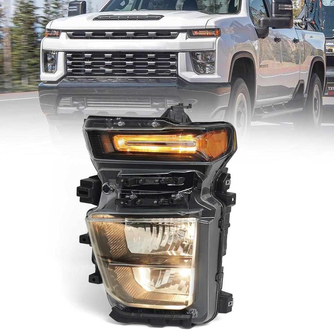 Halogen Headlight Assembly Pair Compatible with Chevy Silverado 2500HD 3500HD 2020 2021 2022 2023 Factory Replacement Head Light Lamp Left Driver Side