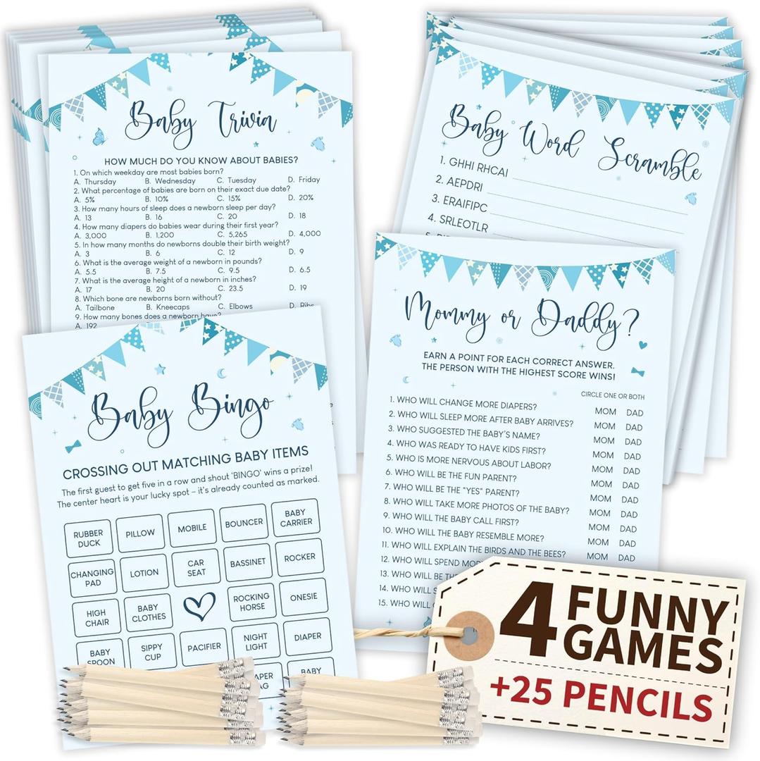 WOODAMORE Hilarious Baby Shower Games Boy - 4 Funny Baby Games for Baby Shower Boy Decorations, Blue Trivia Card Word Scramble Mommy Or Daddy Game for 25 Guests