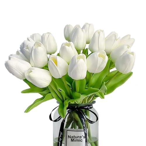 Nature’s Mimic 20pcs White Tulips Artificial Flowers 13.5 Inch Real Touch PU Fake Flowers Fake Tulips for Mother's Day Easter in Home Wedding Office Party Table Decoration