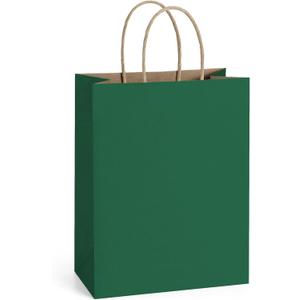 BagDream Forest Green Gift Bags with Handles Bulk 8x4.25x10.5 Inch 100Pcs Medium Kraft Paper Bags for Christmas, Thanksgiving, Craft, Party Favors, Retail, Grocery, Recyclable Paper Sacks