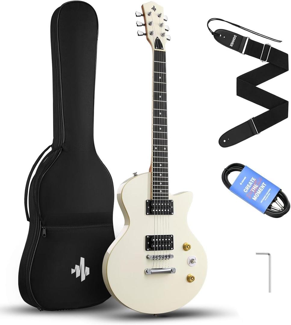 Donner DSC-128 Electric Guitar, 39" Solid Body Beginner Full Size Kit with Bag, Strap & Cable, White