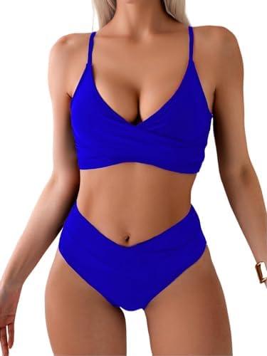 Limeeke Women's High Waisted Bikini Sets V Cut Bottom Two Piece Swimsuit Cross Front Adjustable Strap Bathing Suit, M