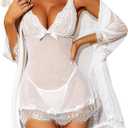 RSLOVE Women Sexy Lingerie Set 3 Piece Babydoll & Lace Kimono Robe Strap Chemise Sleepwear Mesh Nightgown (Large, White)