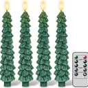 GenSwin Christmas Tree Flameless Taper Candles with Remote Timer, Christmas LED Taper Candles with 3D Flame, 4 Pcs Green LED Candlesticks for Christmas Home Decoration(0.78 x 9.8)