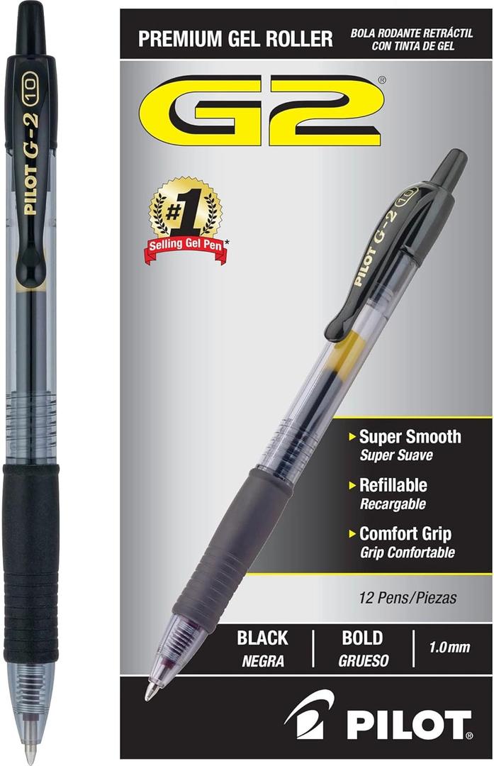 PILOT G2 Premium Refillable & Retractable Rolling Ball Gel Pens, Bold Point, Black Ink, 12-Pack (31256)