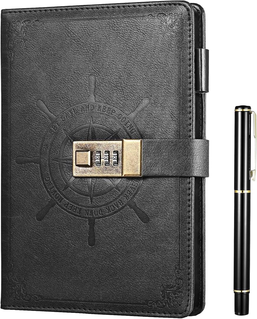 Kesote Black Journal with Lock, Refillable Faux Leather Lock Diary Notebooks Planner Organizer with Pen, A5 College Ruled 210 Lined Pages Locking Journal Notebook