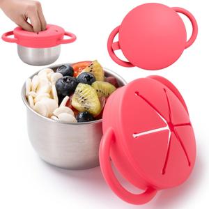 Bufilea 1 Pack Snack Containers for Toddlers, Stainless Steel Toddler Snack Cups with Silicone Food Catcher & Lids,Snack Cups for toddlers Spill Proof (Rosepink)
