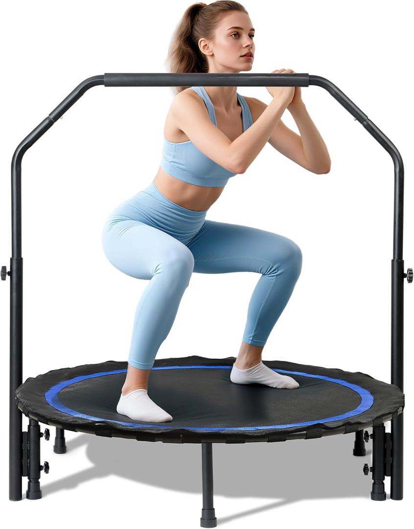 Foldable Mini Trampoline Load 330lbs, 40"/48" Rebounder Trampoline for Adults with Durable Bungee Band and Adjustable Foam Handle for Home Gym, Small Exercise Trampoline for Indoor or Garden Workout (Blue)