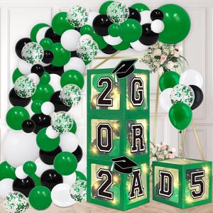 DAZONGE Graduation Decorations 2025, Set of 4 Green Graduation Boxes with 139pcs Balloon Arch Garland Kit & 4 String Lights - So Proud of You Class of 2025 Decorations
