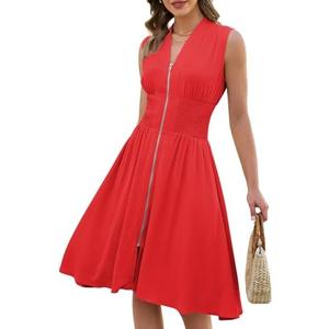 GRAPENT Linen Dresses for Women Summer Casual Flowy V Neck Sleeveless Smocked Zip Beach Vacation Midi Dress with Pockets, Size S