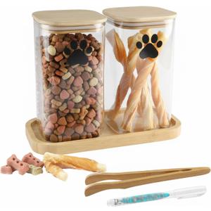 37oz Dog Treat Container Set of 2, Glass Dog Treat Jars for Kitchen Counter with Airtight Bamboo Lids, Small Pet Treat Canister,Puppy Food Bin for Kitchen Counter,Freshness Seal-Clear