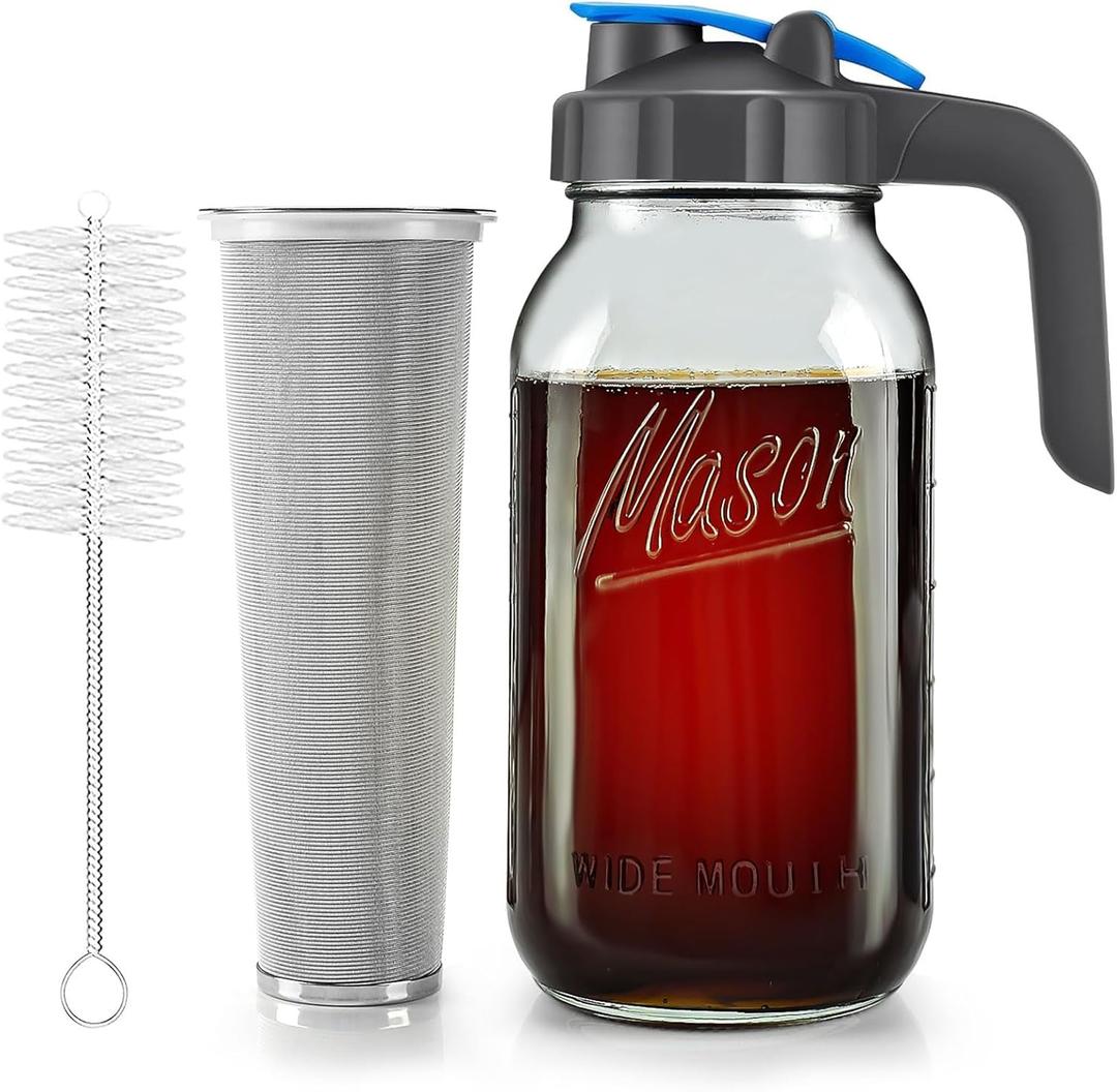 Cold Brew Coffee Maker 64oz Mason Jar Pitcher for Fridge, Sun Tea Maker, Heavy Duty Glass for Ice Tea, Lemonade, Leak Proof Flip Cap Lid, Stainless Steel Filter & Handle