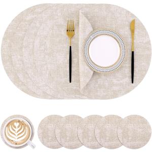 Homaxy Round Faux Leather Placemats and Coasters, Washable Dual-Side Table Mats, Wipeable Heat-Resistant Dining Place Mats for Outdoor and Indoor, Set of 6, Diameter 13 and 3.93 inch, Beige