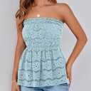 PRETTYGARDEN Women's Boho Tube Tops 2025 Summer Strapless Off Shoulder Eyelet Smocked Peplum Trendy Going Out Bandeau Top (S)