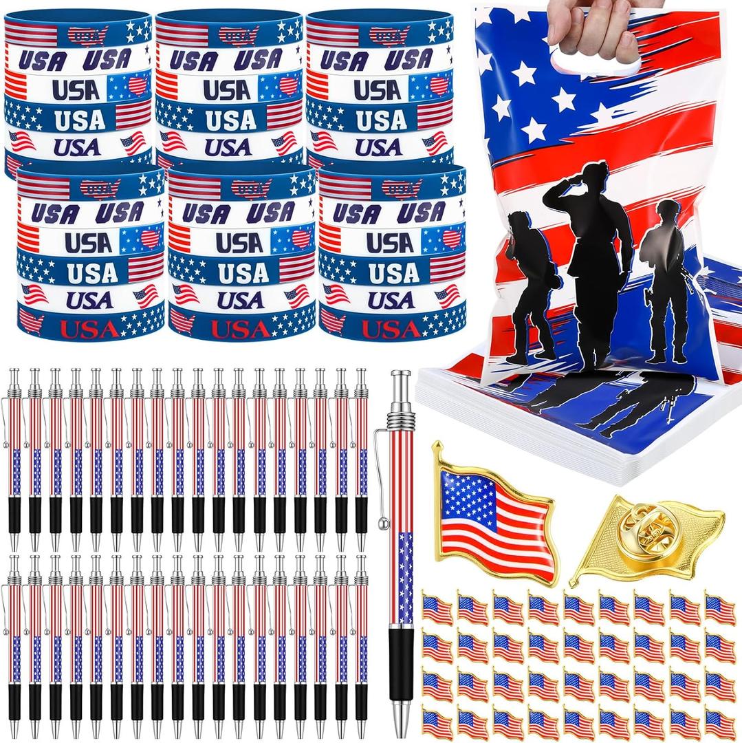 144 Pcs Patriotic Gift Bulk 36 American Flag Gift Bags 36 USA Wristbands 36 American Flag Ballpoint Pens 36 Patriotic Brooches Memorial Day Gifts for Independence Day Party Favors