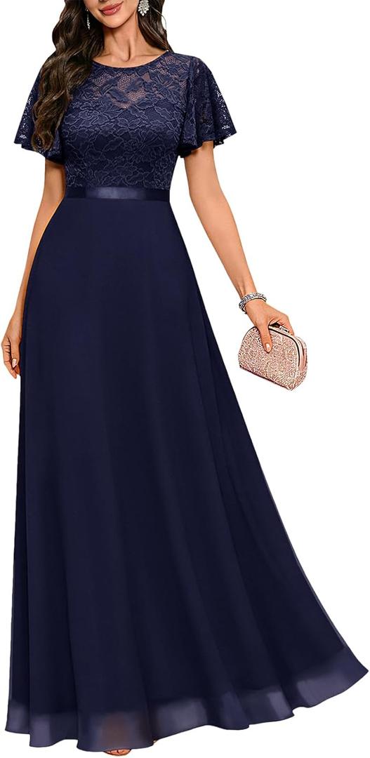 DRESSTELLS Womens Formal Dresses for Wedding Guest Prom Ruffle Sleeve Lace Maxi Dress Evening Gown 2026 (XX-Large, Navy)