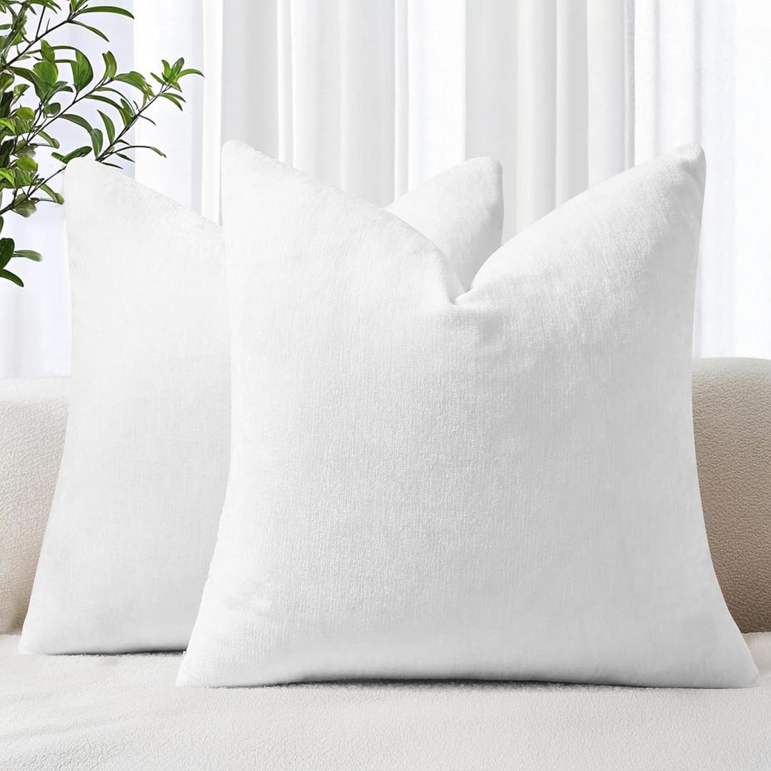 decorUhome Chenille White Christmas Throw Pillow Covers 18x18 Inch Set of 2, Decorative Soft Couch Pillow Covers Solid Dyed Accent Farmhouse Neutral Square Pillow Cases for Sofa