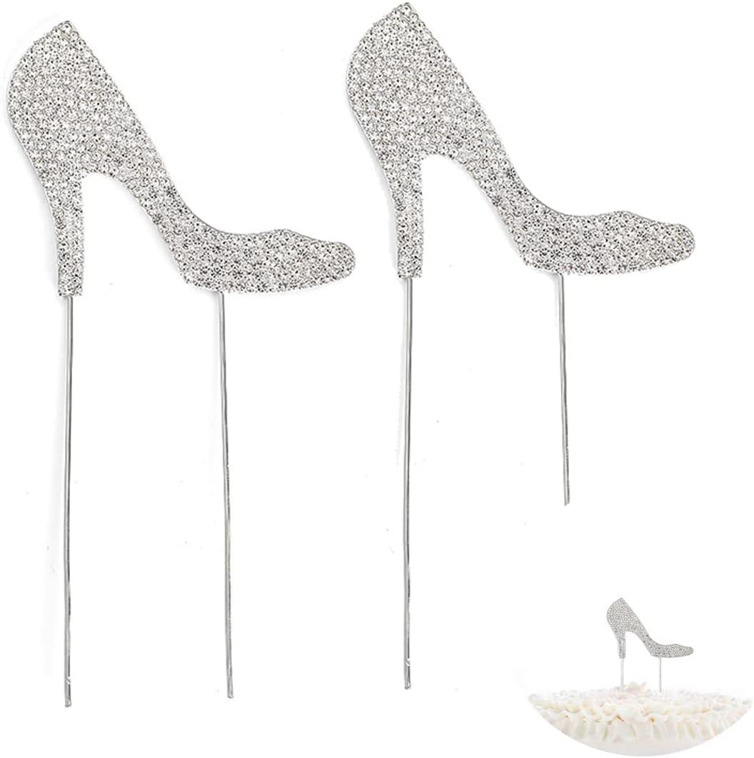 2 Pcs High Heel Gold Cake Topper Rhinestone Crystal Cake Pick Cake Decoration Food Decoration for Birthday Party Cake Pick Food Decoration Supplies, Silver