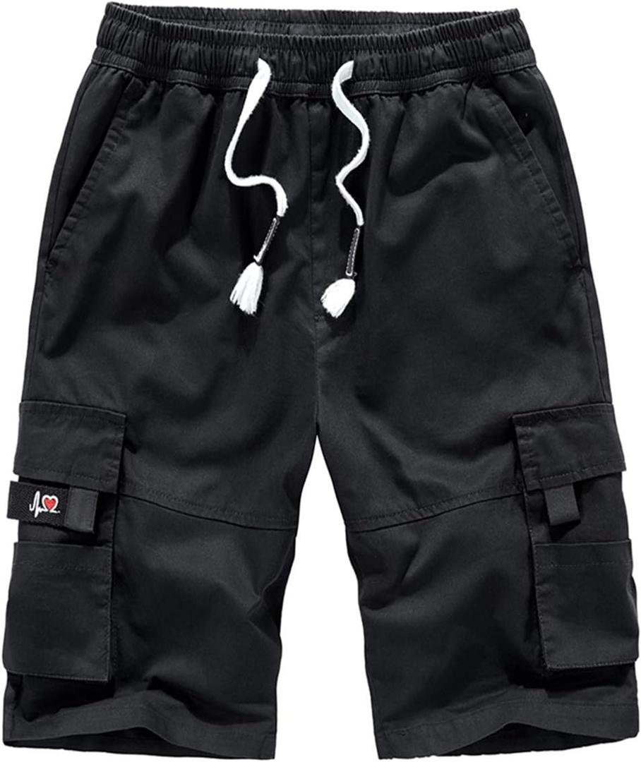 ELETOP Men's Cargo Shorts Elastic Waistband Drawstring Big and Tall Cotton Summer Casual Work Shorts (Black, XXXL)