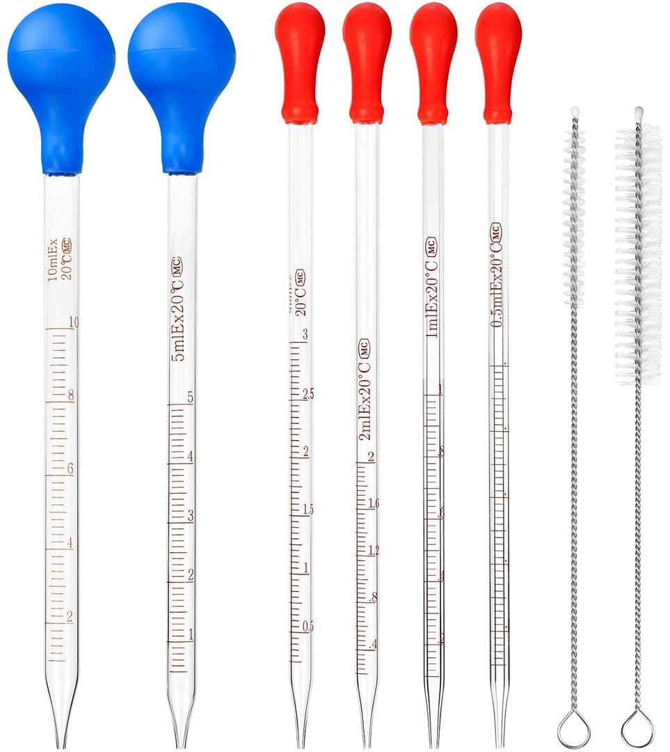 6 Pieces Glass Pipettes 10ml 5ml 3ml 2ml 1ml 0.5ml Glass Graduated Dropper Pipette for School, Students, Transfer for Liquid Essential Oil