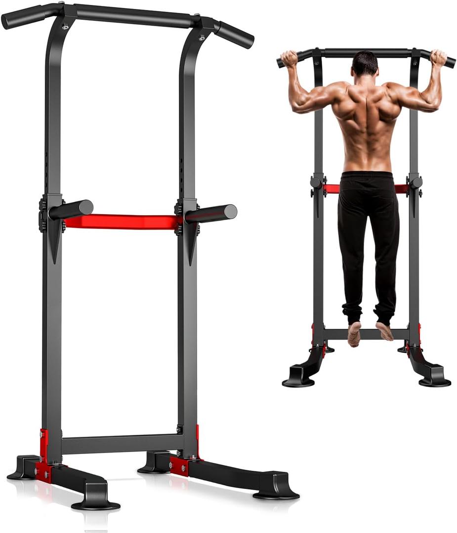 Wesfital Pull Up Bar Dip Bar Power Tower Workout Dip Station Height Adjustable Free Standing Chin Up Bar Home Gym Equipment 330LBS Weight Capacity (Black&Red)