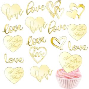 16 Pcs Love Heart Cupcake Toppers Acrylic Cake Toppers Minimalist Mirror Gold Disc Engraved Cake Decorations for Valentine's Day Mother's Birthday Anniversary Engagement Wedding Party Supplies
