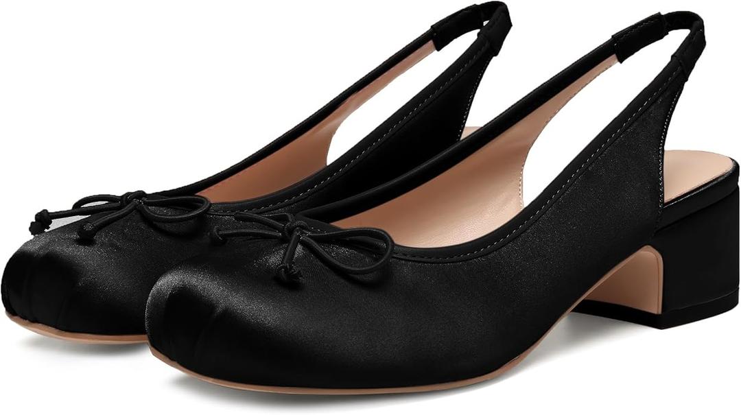 Riekhany Slingback Ballet Heels for Women Cute Bow Square Toe Low Chunky Heel Ballerina Pumps Comfort Satin Mary Jane Heels Shoes with Elastic Rear Strap, Size 7