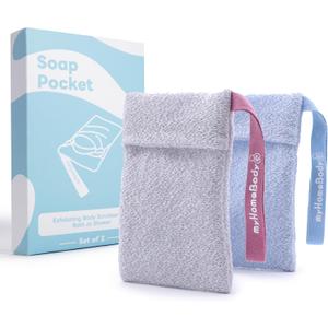 myHomeBody Soap Pocket for Gentle Exfoliating, Lather Mesh Bag, Body Scrubber Exfoliator, Pouch for Shower, Leftover Bits Saver, Light Blue, Gray - 2 Pack