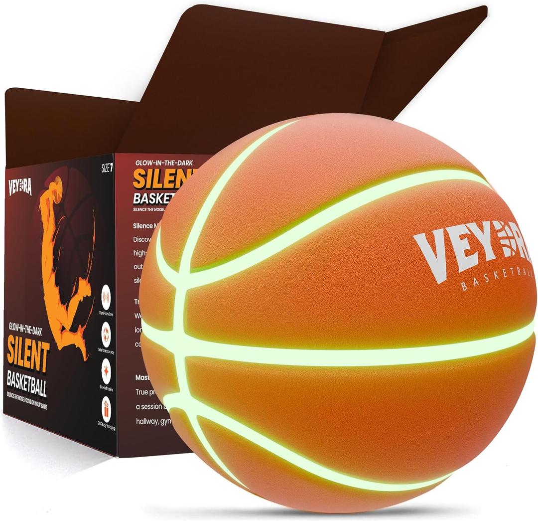 Veydra Silent Basketball Size 7  Glow-in-The-Dark Indoor Basketball for Kids & Adults  Soft Foam Airless Basket Ball for Quiet Dribbling with Drawstring Bag  Soundless PU Soft Silent Ball