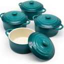 Kook Ceramic Mini Cocotte Set, Small Casserole Dishes with Lids and Handles, Individual Baking Ramekins, Oven, Microwave & Dishwasher Safe, Stoneware, 12 oz, Set of 4, Aqua Ombre